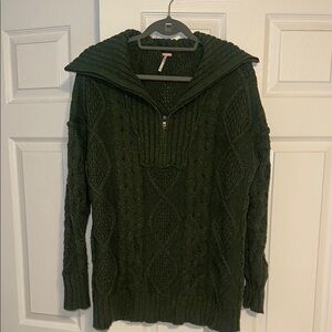 NEW Free People Dark Green Cable Quarter Zip Knit Sweater